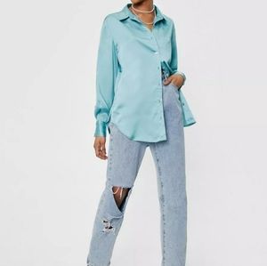 Nasty Gal Blue Satin Blouse